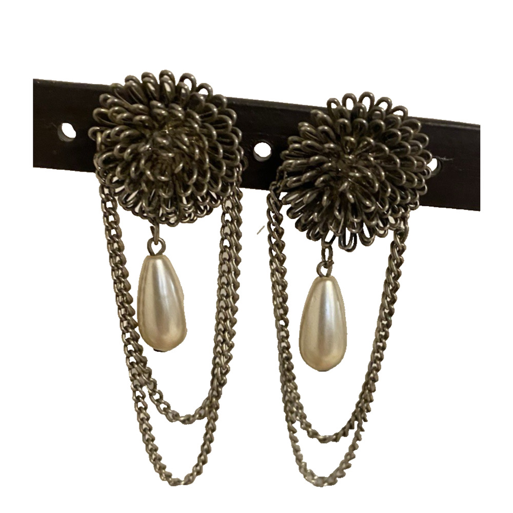 Vtg SilverTone Starburst Floral Faux Pearl Dangle Pierced Earrings 80s Glam Rock